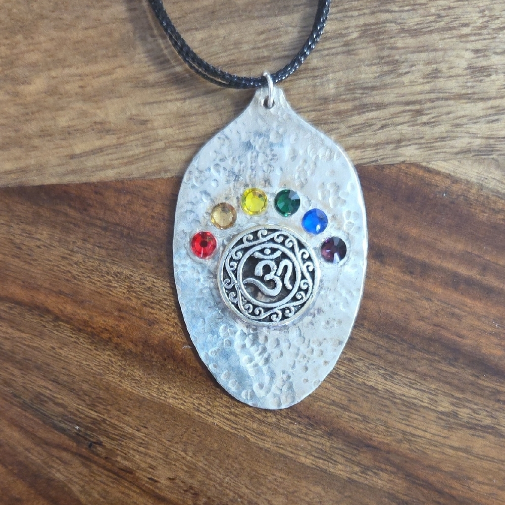 Silver Hammered Spoon Pendant Necklace Chakra Crystals and Ohm Charm